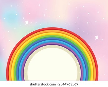 Kids rainbow banner illustration. colorful rainbow and clouds with grass landscape background, star flying around. Kids Rainbow Banner Illustration with Colorful Rainbow, Clouds, Grass Landscape