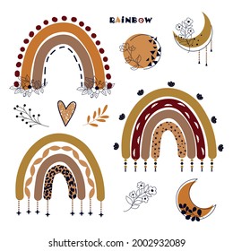 Kids rainbow vector Icons. Cute colorful rainbows set in boho style. Moon, stars, flowers, sun childish flat illustration isolated on white background. Design element for logo, sticker, postcard.