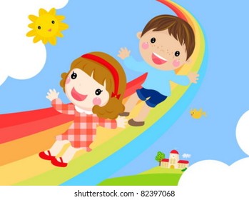  kids and rainbow-vector