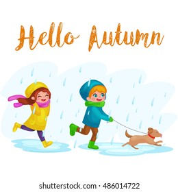 Kids in raincoats and rubber boots playing in the rain. Children jumping and splashing through the puddles. vector cartoon illustration isolated on white background.