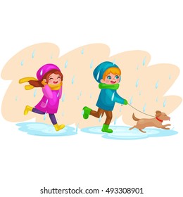 Kids in raincoats and rubber boots playing in the rain. Children jumping and splashing through the puddles. vector cartoon illustration isolated on white background.