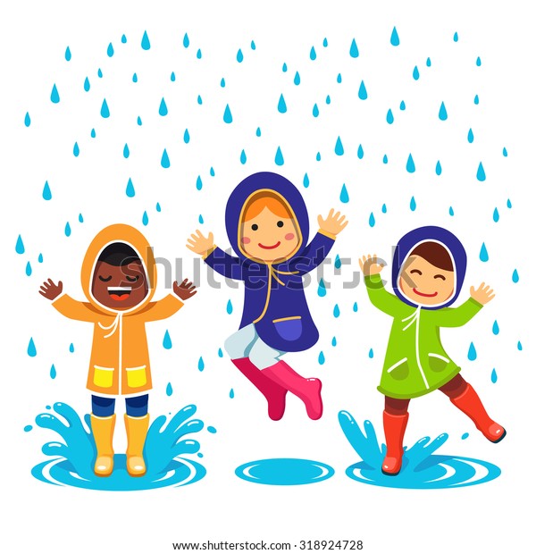 雨の中で遊ぶレインコートやゴムブーツを着た子どもたち 子どもたちは