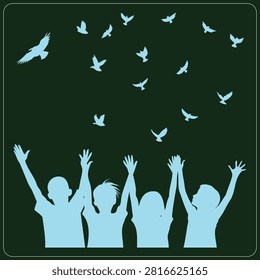 Kids with raised hands reaching for flock of flying birds symbolizing harmony joy peace childhood innocence and bright future outlook.