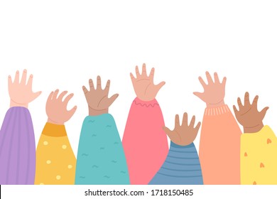 Kids Raising Hands Up. Many Children Arms Together. Hands Raised Up, Diversity And Friendship Concept. Vector Illustration Cartoon Style