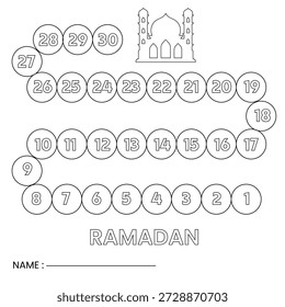 Kids Ramadan Activity Chart with 30 Days Countdown, Islamic Mosque Outline Coloring Worksheet