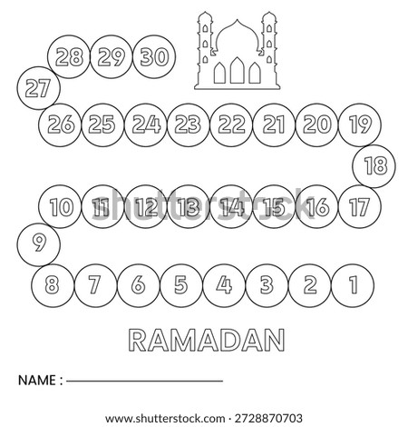 Kids Ramadan Activity Chart with 30 Days Countdown, Islamic Mosque Outline Coloring Worksheet