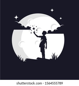Kids Reaching Stars with Moon Background Logo Template