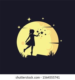 Kids Reaching Stars with Yellow Moon Background Logo Template