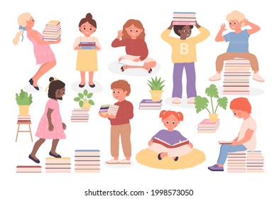 Kids read books, children study, primary education vector illustration. Cartoon happy pupil character holding textbook, reader girl boy sitting on pile of story books, child bookworm isolated on white