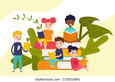 Kids read books on piles of huge books, education and knowledge, school boys and girls students readers cartoon vector illustration. Reading hobby and study at home , children love literature.