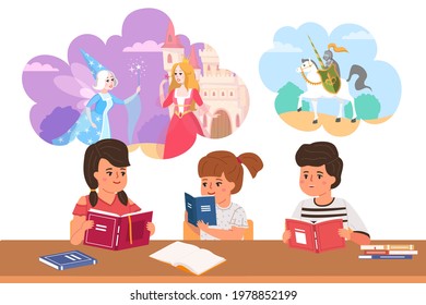 Kids read fairy tales. Cartoon children dream of princesses and knights. Boys and girls sit at table with books. Characters fantasize about dreamlike adventures. Vector pupils daydreaming