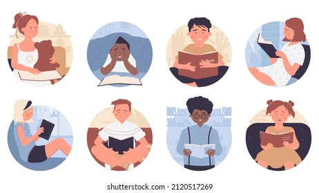 Kids read favorite book in round avatar set vector illustration. Cartoon happy school students sit with literature from library and study, hobby and leisure of children readers. Education concept