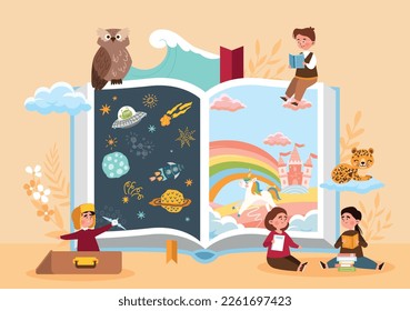 Kids reading bedtime stories. Boys and girls near big book with illustrations of space and unicorn near castle in air. Fantasy, dream and imagination, fairy tales. Cartoon flat vector illustration