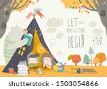 Kids reading book with animals in a teepee tent