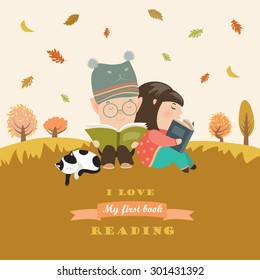 Kids reading book at autumn meadow. Vector illustration