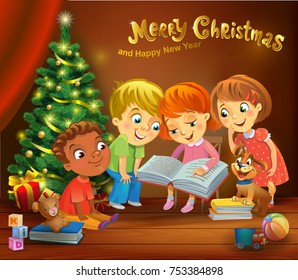 Kids reading the book beside a Christmas tree, a vector illustration in traditional style