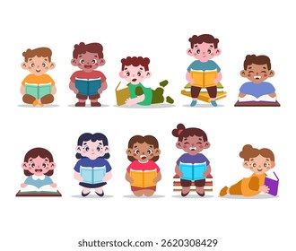 Kids reading a book flat character vector illustration set