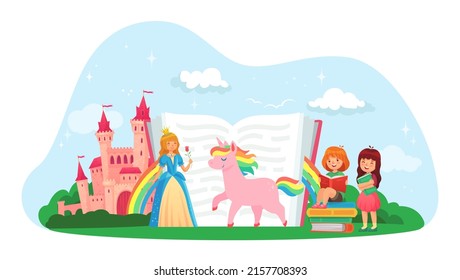 Kids reading book. Girls sitting on book pile and enjoying literature, imagining princess, unicorn characters near castle. Pupils loving to read. Big open hardback book with fairytale vector