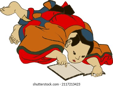 Kids reading book, learning and caltulating maths vector illustration. Japanese or chinese children study or learn in school. Book reading, homework, old ukiyo-e art.