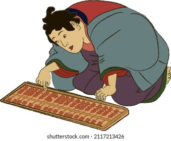 Kids reading book, learning and caltulating maths vector illustration. Japanese or chinese children study or learn in school. Book reading, homework, old ukiyo-e art.