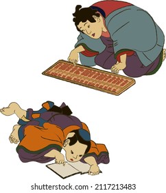 Kids reading book, learning and caltulating maths vector illustration. Japanese or chinese children study or learn in school. Book reading, homework, old ukiyo-e art.