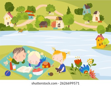 Kids reading Book in Meadow in countryside village surrounded by a garden and trees. Vector Illustration