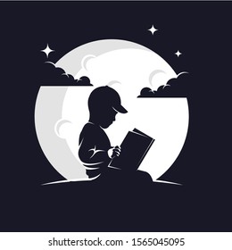Kids Reading a Book with Moon Background Logo Design Template
