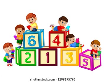 Kids reading book on the number block	