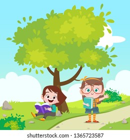 kids reading a book the park vector illustration