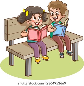 kids reading a book sitting on the bench