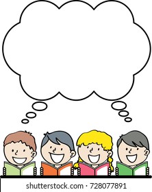 kids reading book with speech bubble