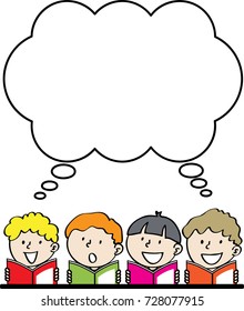 kids reading book with speech bubble