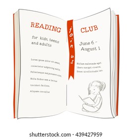 Kids Reading Book Summer Camp Advertisement. Children Education Literature Club Program. Vector Illustration Of Reading Girl.