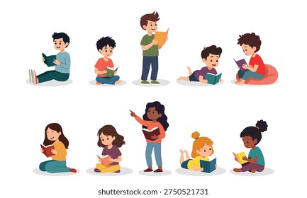 Kids reading book vector graphic illustration set