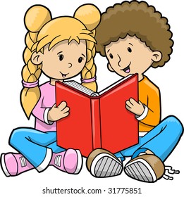 Kids Reading Book Vector Illustration