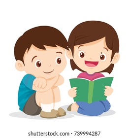 kids reading book,boy and girl sit and read book. Cute boy listen girl reading a book.