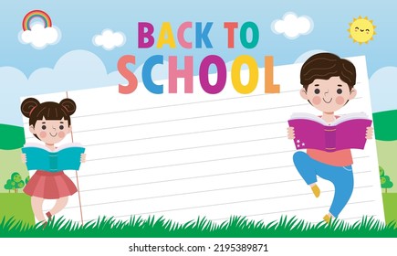 kids reading books, back to school, education concept, Template for advertising brochure, your text,Kids and frame,child and frame,Vector Illustration, cartoon happy children.Illustration