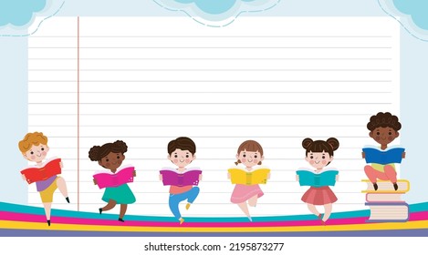 kids reading books, back to school, education concept, Template for advertising brochure, your text,Kids and frame,child and frame,Vector Illustration, cartoon happy children.Illustration
