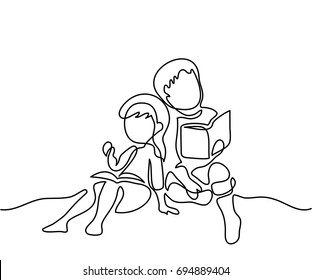 Kids reading books. Back to school concept. Continuous line drawing. Vector illustration on white background