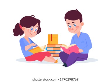 Kids reading books. Cartoon boy girl with book, children in library or lesson. Self education, brother and sister learn new vector illustration