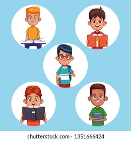 Kids reading books cartoons