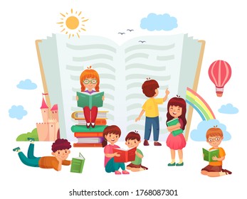 Niños leyendo libros. Niños en grupo disfrutando de la literatura, amando leer. Niños y niñas aprendiendo o estudiando, obteniendo conocimiento al lado de un libro abierto y difícil. Vector plano de concepto de educación