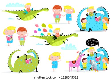 Kids Reading Books Dragon Clip Art Collection. Fairy tale dragon reading a book to children cartoon.