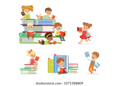 Kids Reading Books And Enjoying Literature Set Of Cute Boys And Girls Loving To Read Sitting And Laying Surrounded With Piles Of Books.