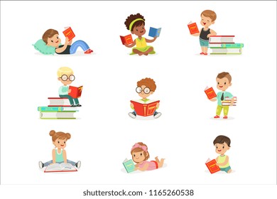 Kids Reading Books And Enjoying Literature Collection Of Cute Boys And Girls Loving To Read Sitting And Laying Surrounded With Piles Of Books.