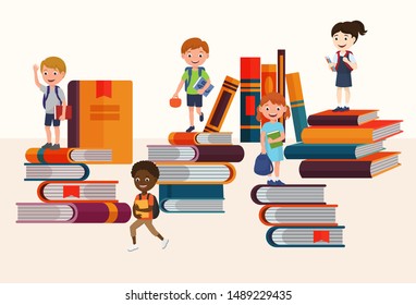 Kids reading books and enjoying literature vector illustration. Cartoon boys and girls loving to read, sitting and laying surrounded with piles of books. Children book readers.