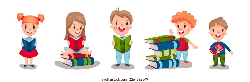 Kids Reading Books and Enjoying Literature Vector Set