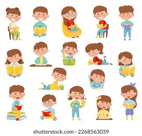 Kids Reading Books and Enjoying Literature Big Vector Set