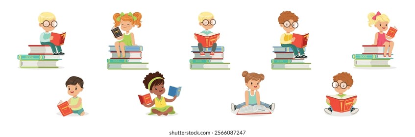 Kids Reading Books and Enjoying Literature Vector Set