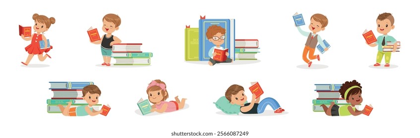 Kids Reading Books and Enjoying Literature Vector Set